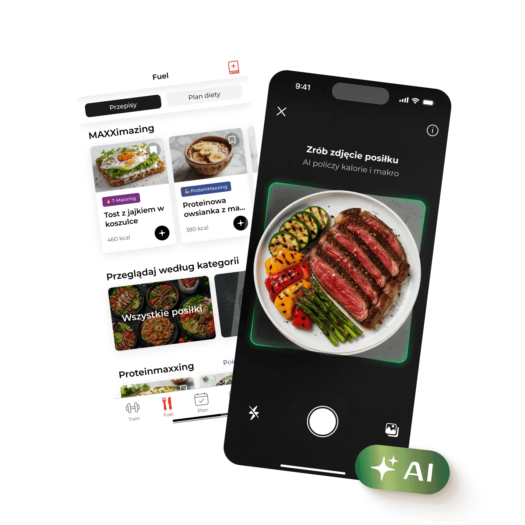 Smartfon z aplikacją MAXX Nation — kalkulator kalorii z AI, plan diety i przepisy funkcjonalne