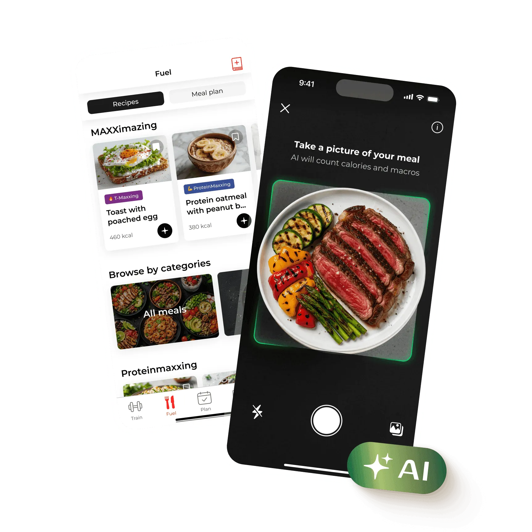 Smartphone with MAXX Nation app — AI calorie counter, diet plan and functional recipes