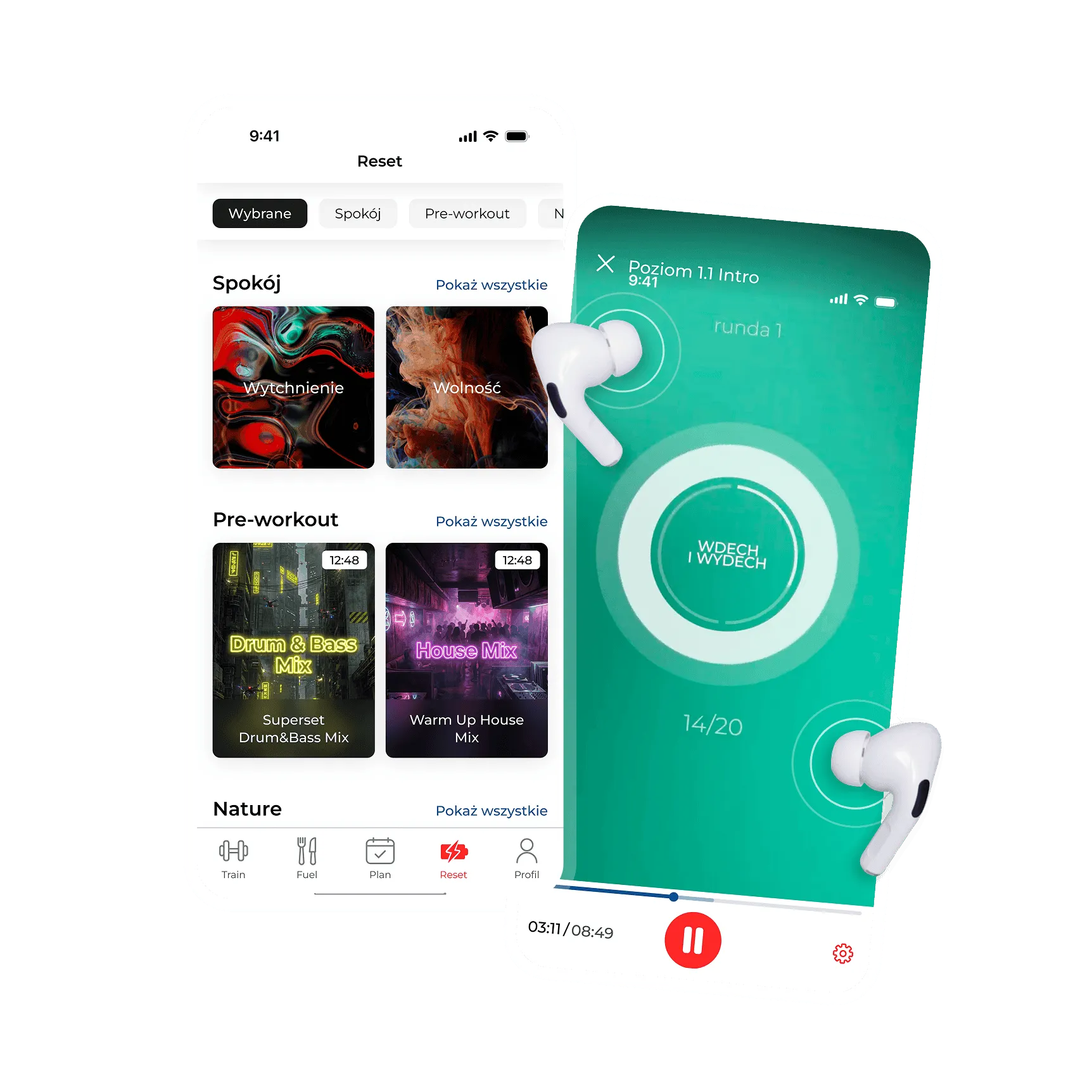 Smartfon z aplikacją MAXX Nation — sekcja RESET: dźwięki na sen, breathwork i muzyka pre-workout