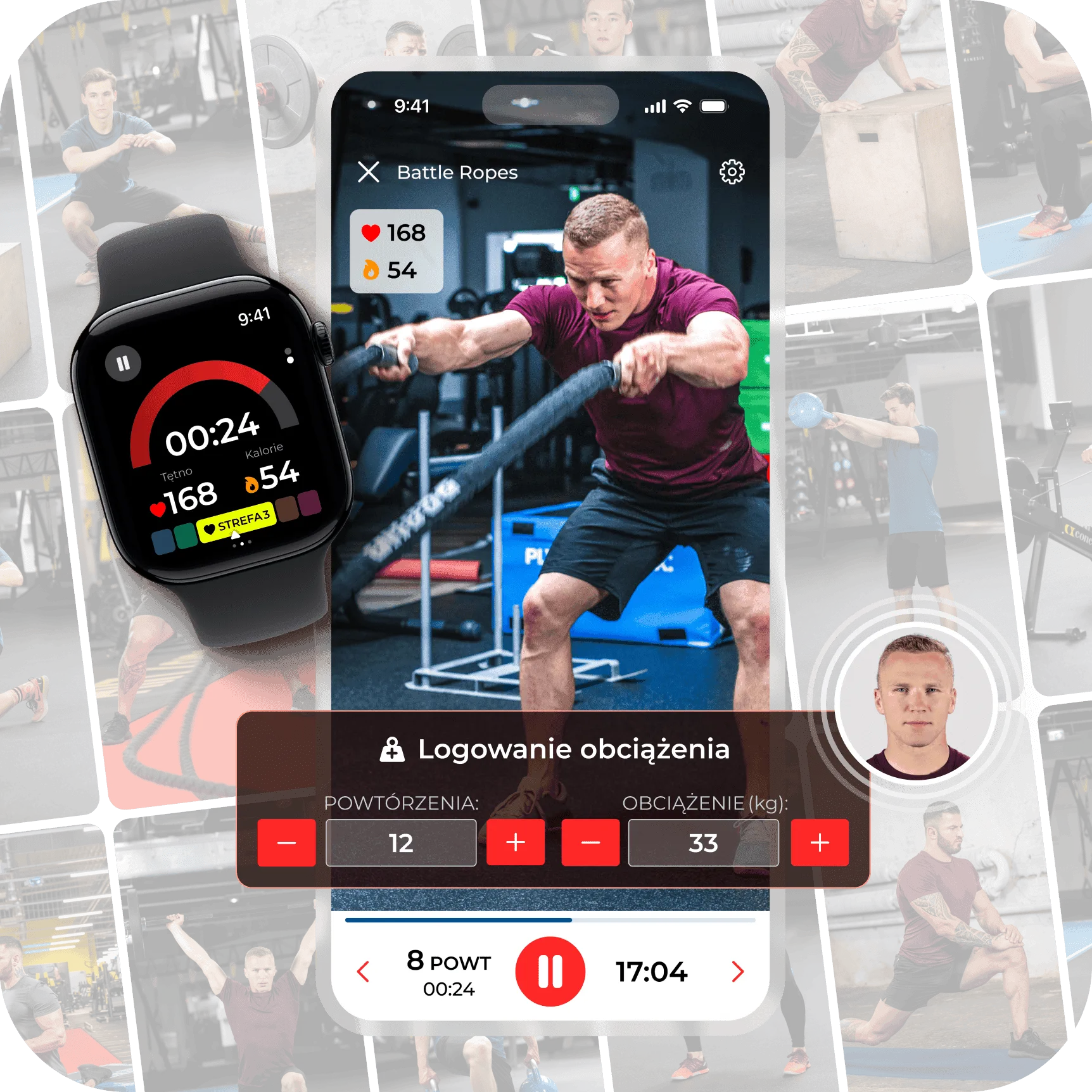 Smartfon z aplikacją MAXX Nation — plan treningowy z progresją i Apple Watch na nadgarstku